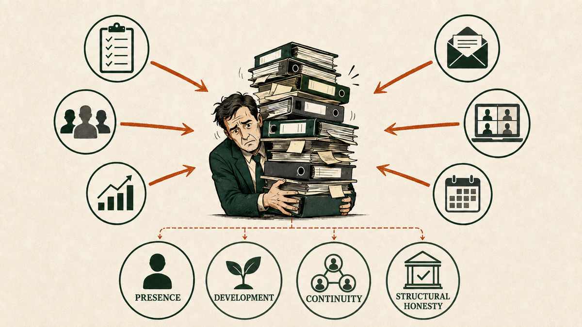 A leader carrying accumulated organizational demands while a healthy system distributes responsibility