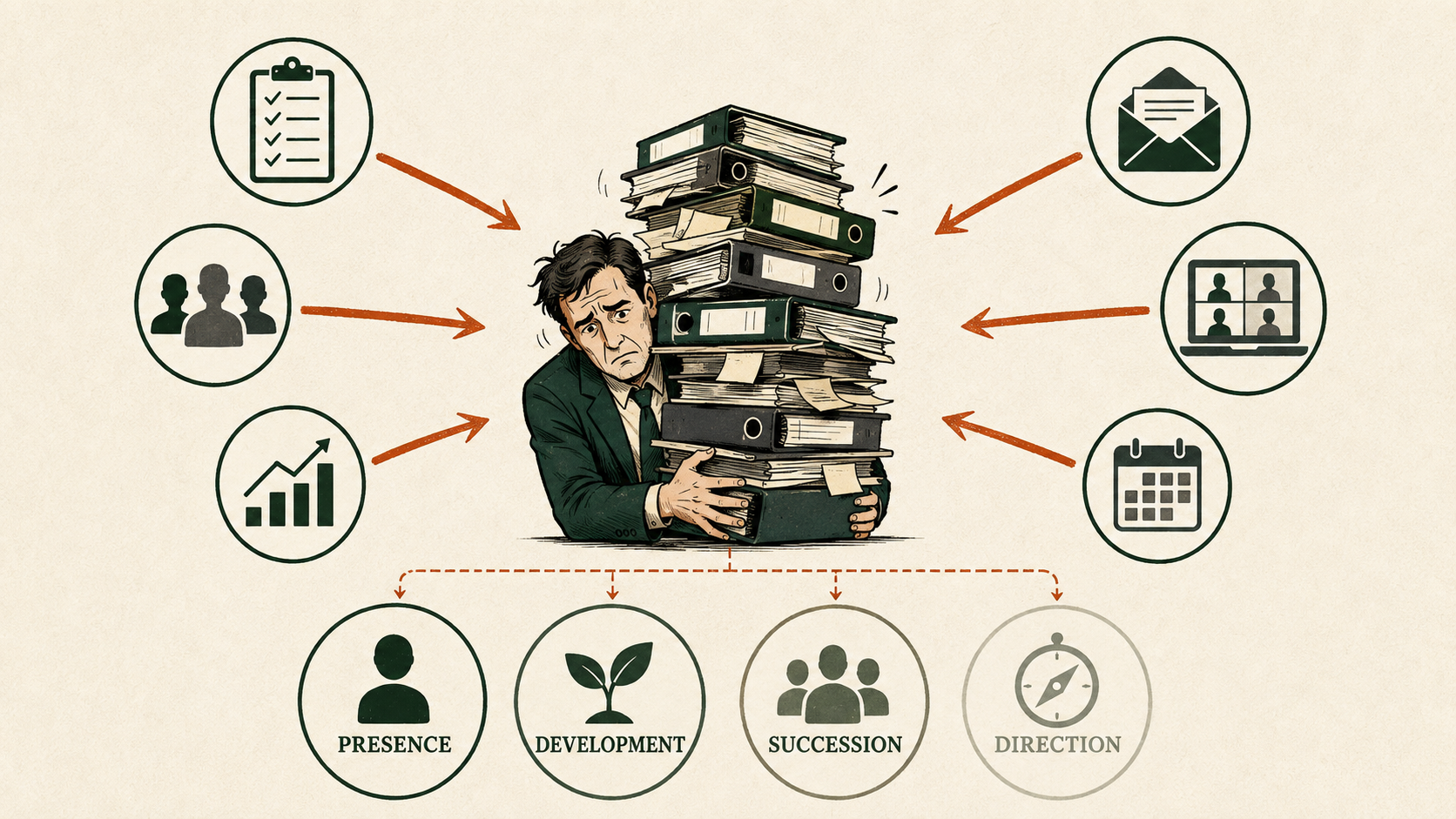 Diagram showing multiple organizational roles stacked onto one leader while leadership presence, development, succession, and direction diminish