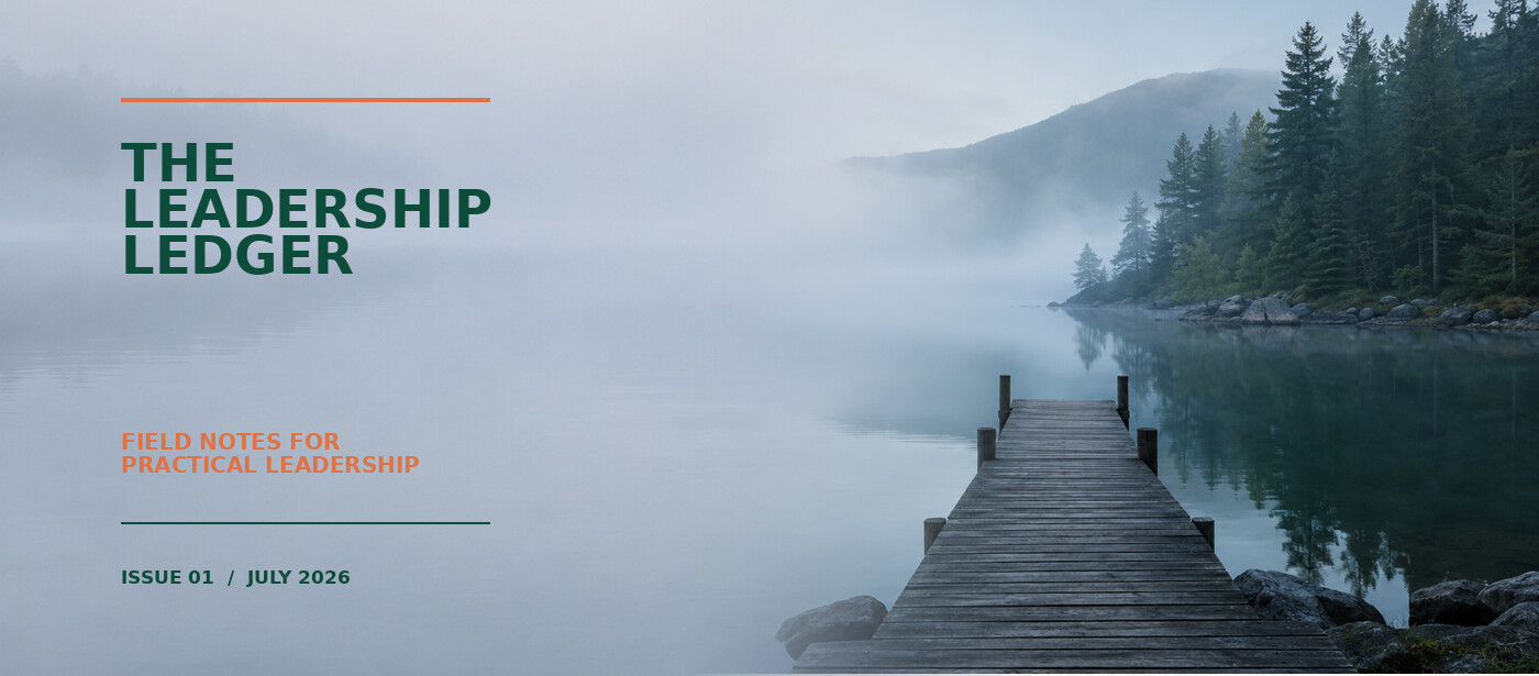 The Leadership Ledger Issue 01 masthead over a misty lake and dock